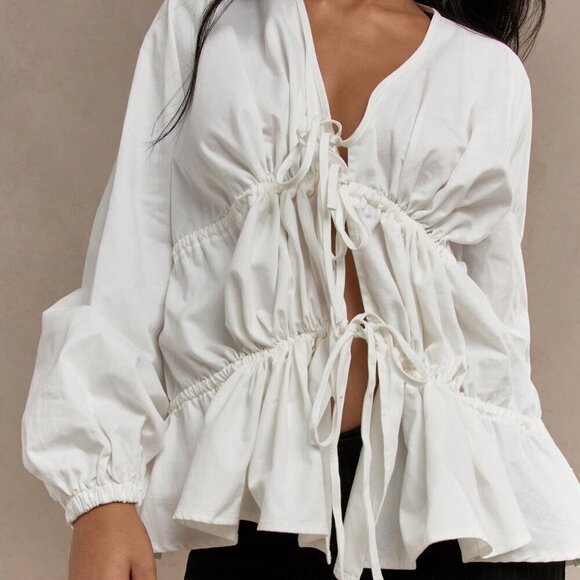 White Casual Women's Boho Tiered Ruched Balloon Long Sleeves Blouse - Picture 3 of 4